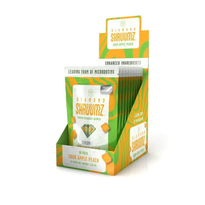 shruumz-gummies-peachsourapple-10pk-angle-foil.jpg-1.webp Sour Apple Peach Shruumz Gummies | 10pk